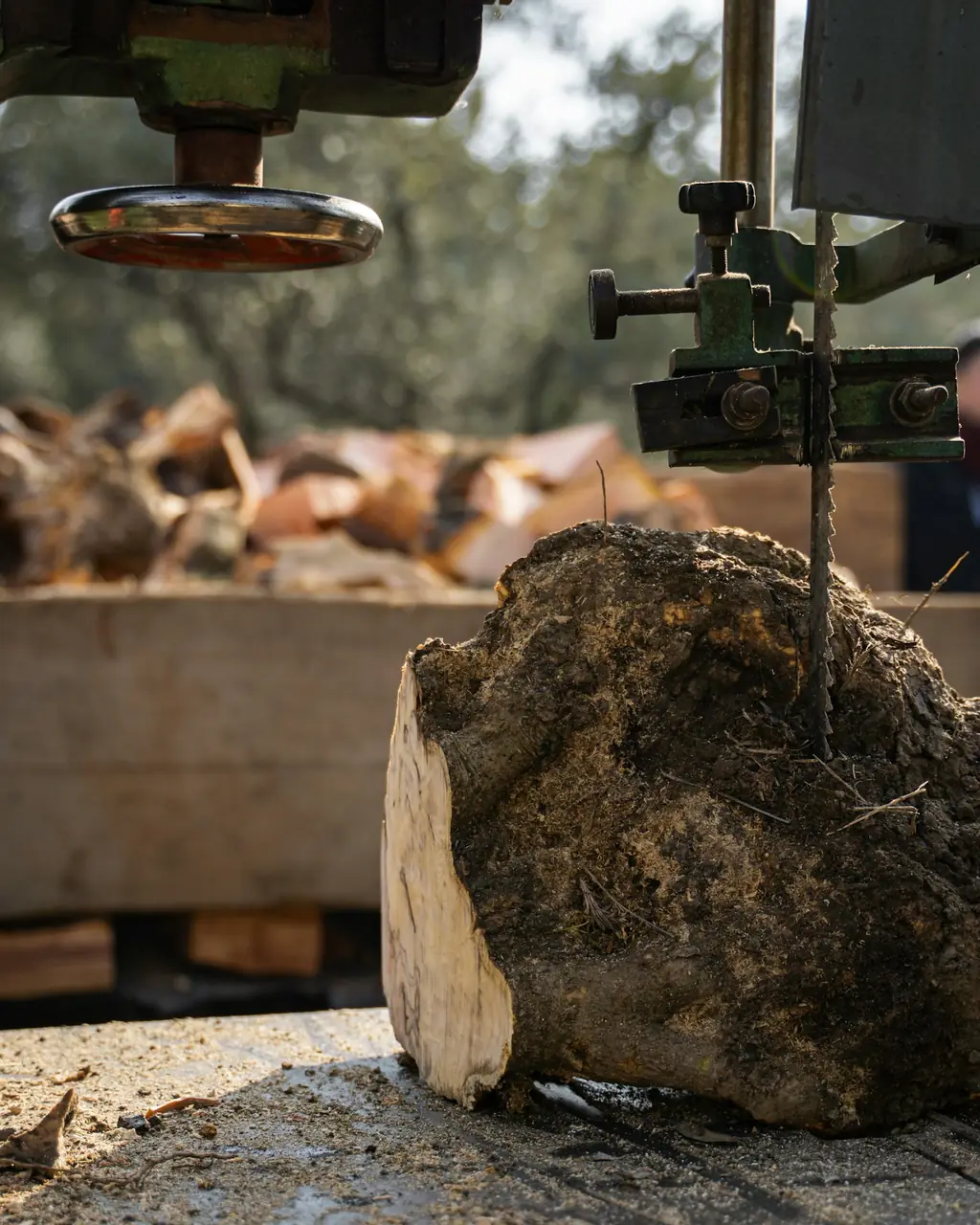 Bandsaw cutting a rough wooden log