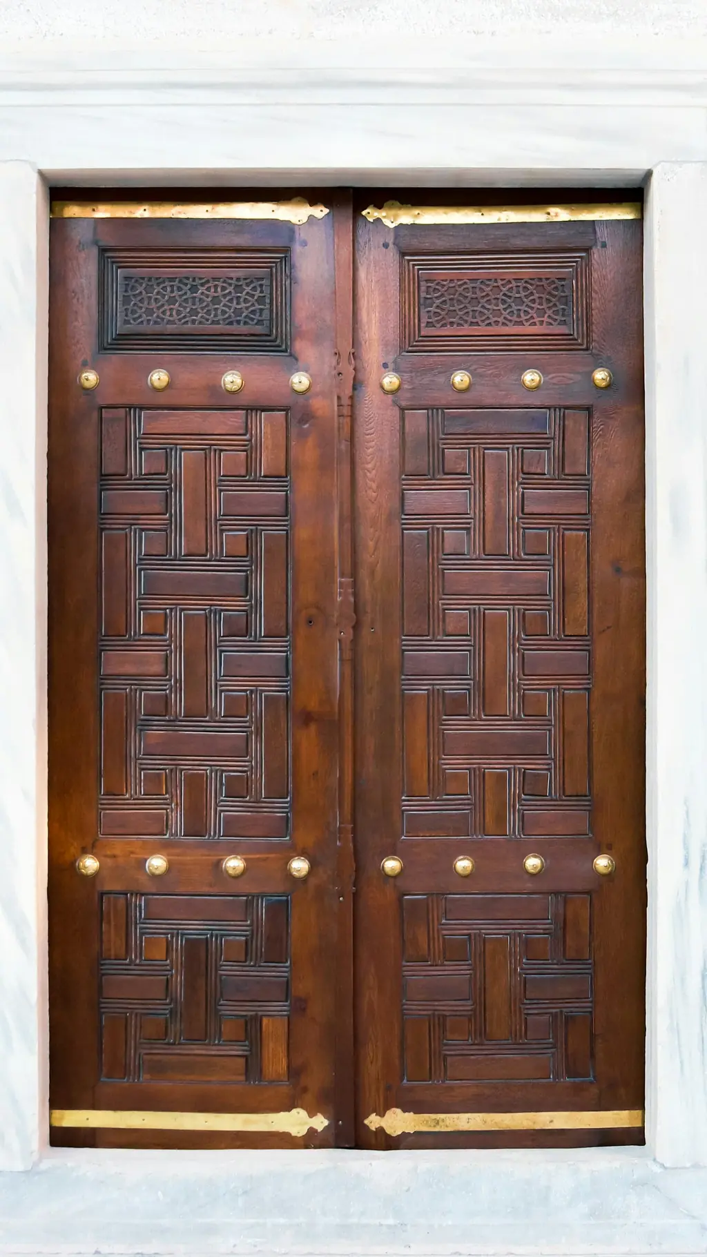 Polished wooden double door with geometric CNC design