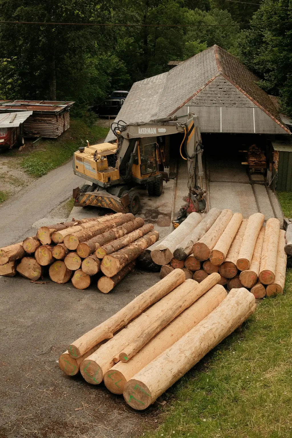 Timber logs stacked outside a sawmill