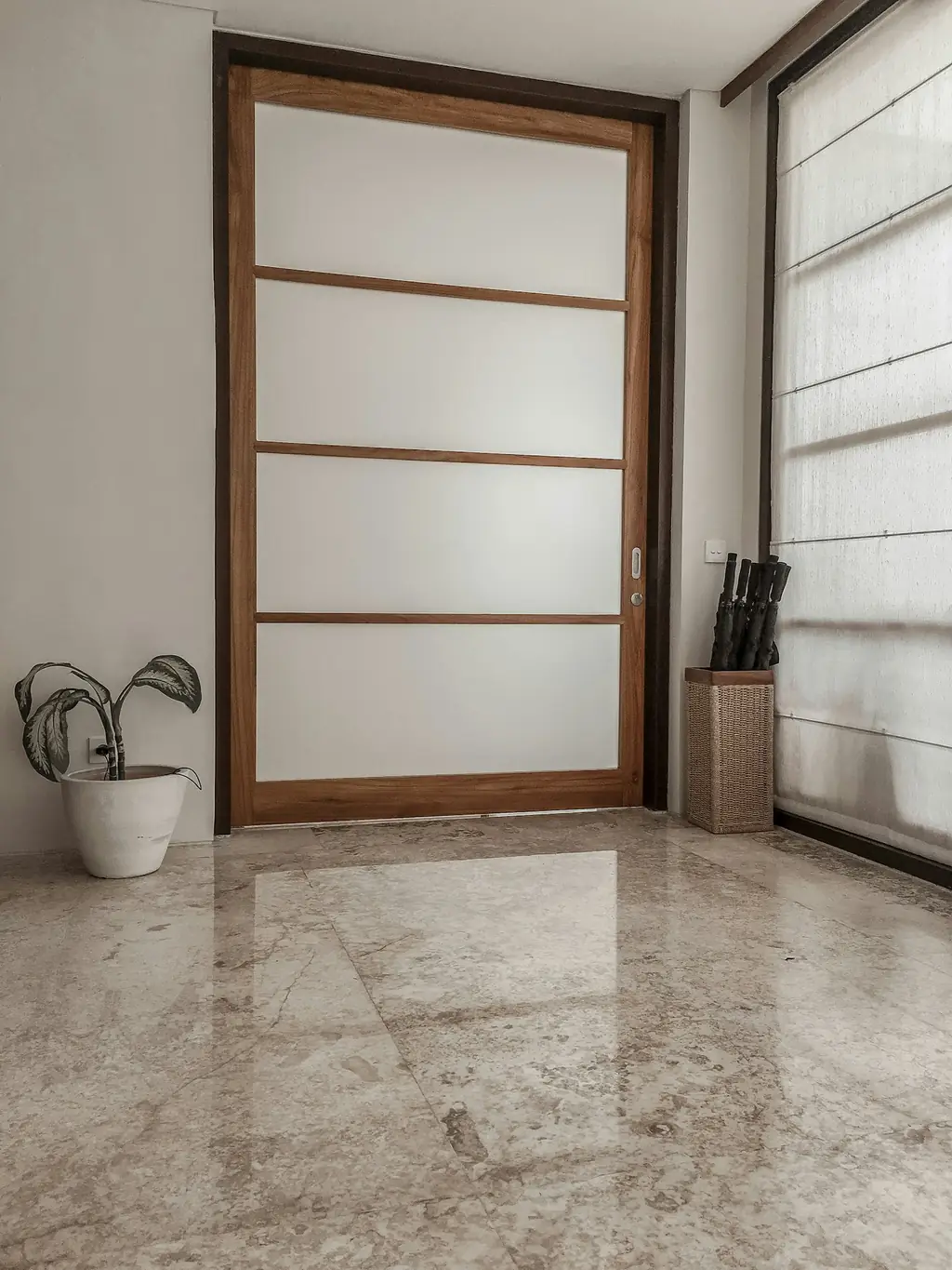 Wooden door frame with frosted glass panels