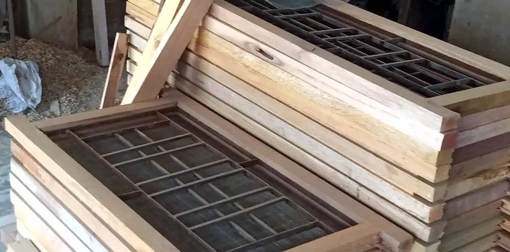 Stack of wooden window frames
